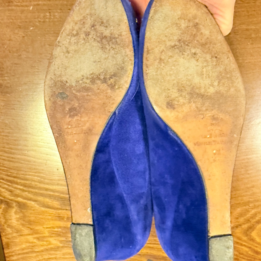 Loeffler Randall Blue Suede Leather Peep Toe 2” wedges w/ Gold Studs Size 9.5 - Picture 9 of 13